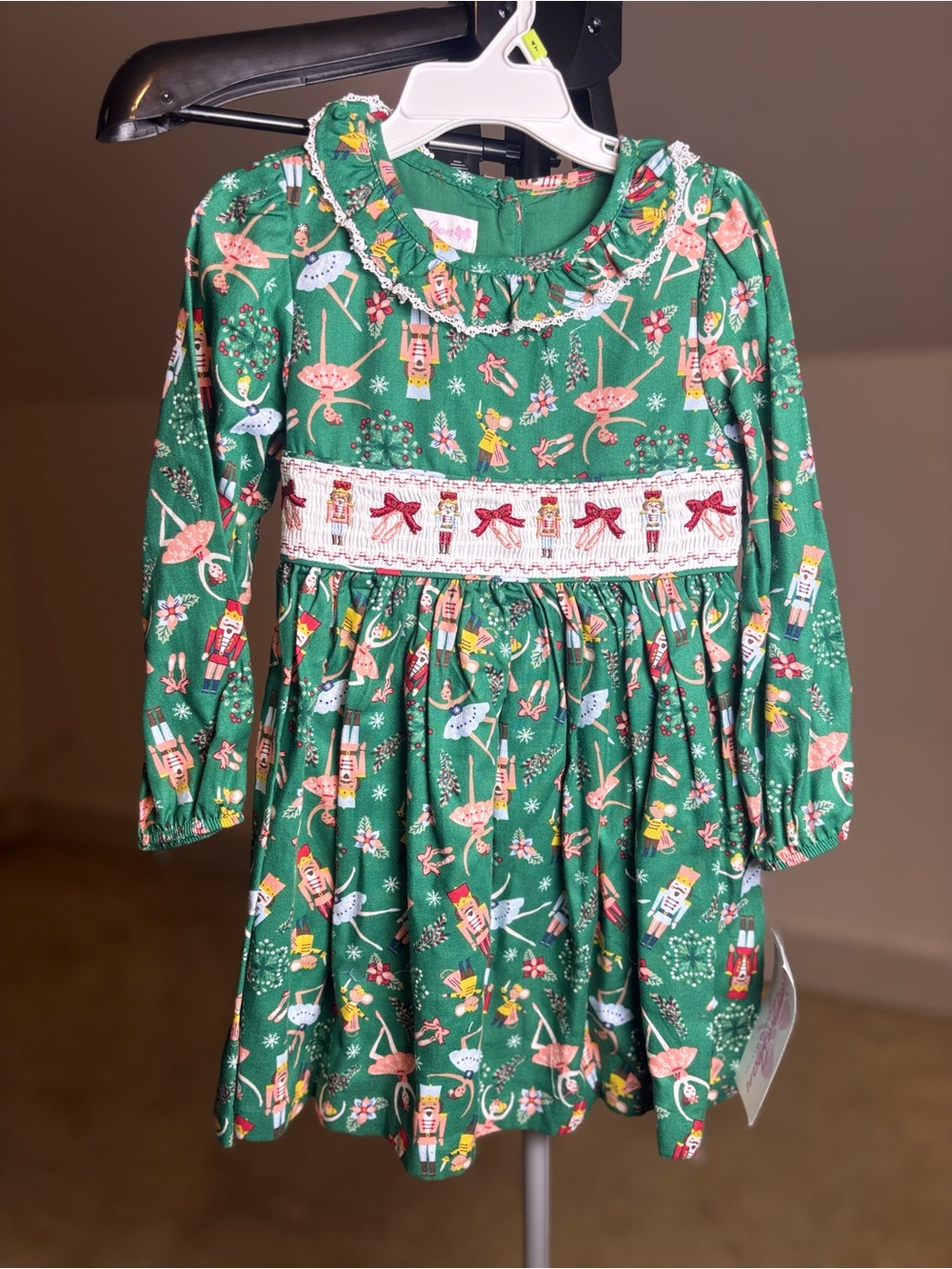 Bonnie Jean Green Nutcracker & Ballerina Smocked Holiday Dress